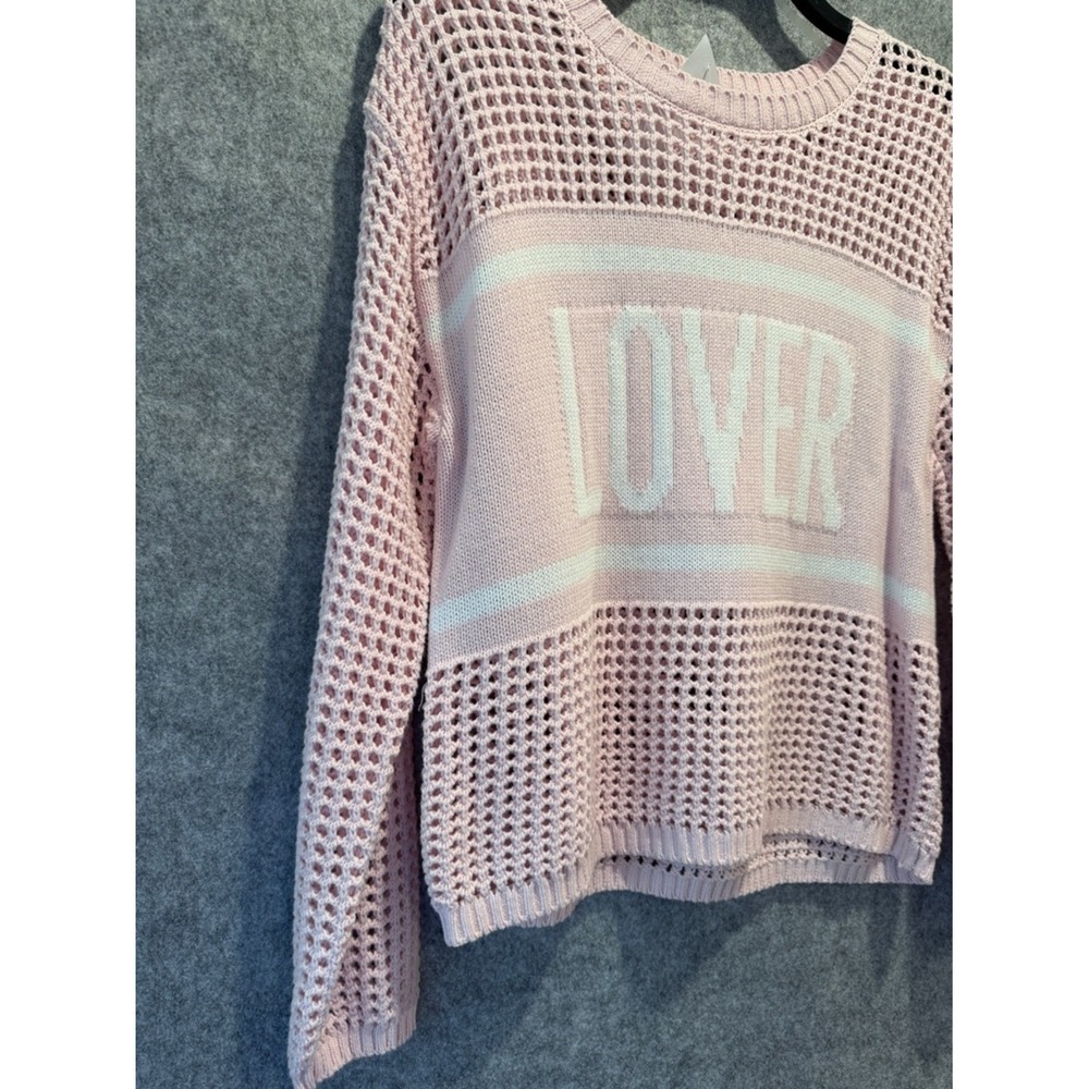 Hooked Up Womens Pink LOVER Graphic Open Knit Mesh Pullover Sweater Small NEW - Picture 6 of 9